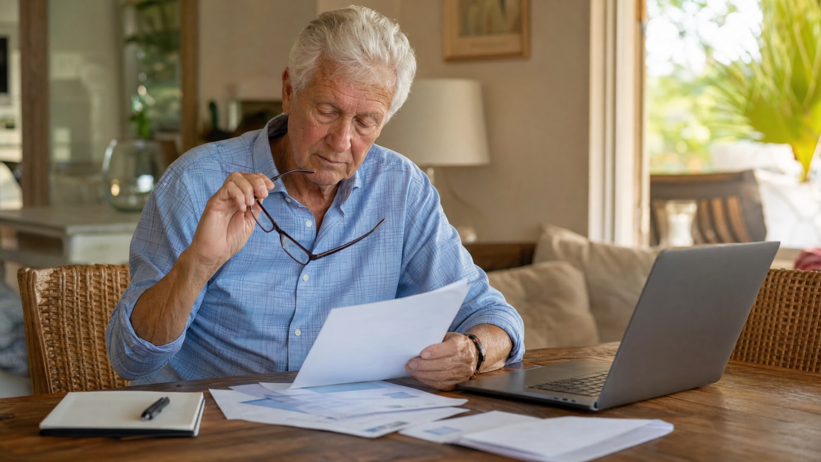Older man at a kitchen table comparing printed plan documents with a calculator and laptop