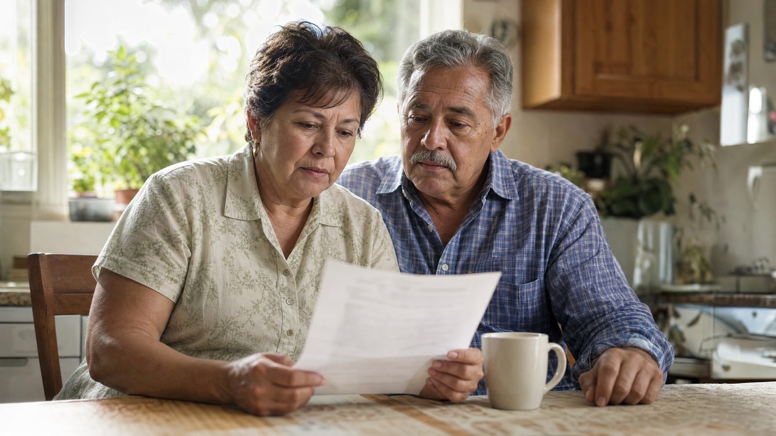 Pareja de adultos mayores leyendo juntos una carta en la mesa de la cocina